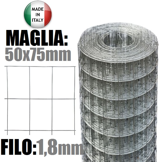 25mt- Rotolo Rete Metallica Zincata Plastificata Elettrosaldata- Maglia:  mm50x75 - H 175 cm