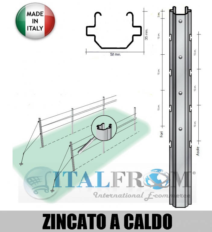Set 5 Pali In Acciaio Zincato Per Vigneto - Altezza 250 Cm, Con Asole Interne, Per Recinzioni